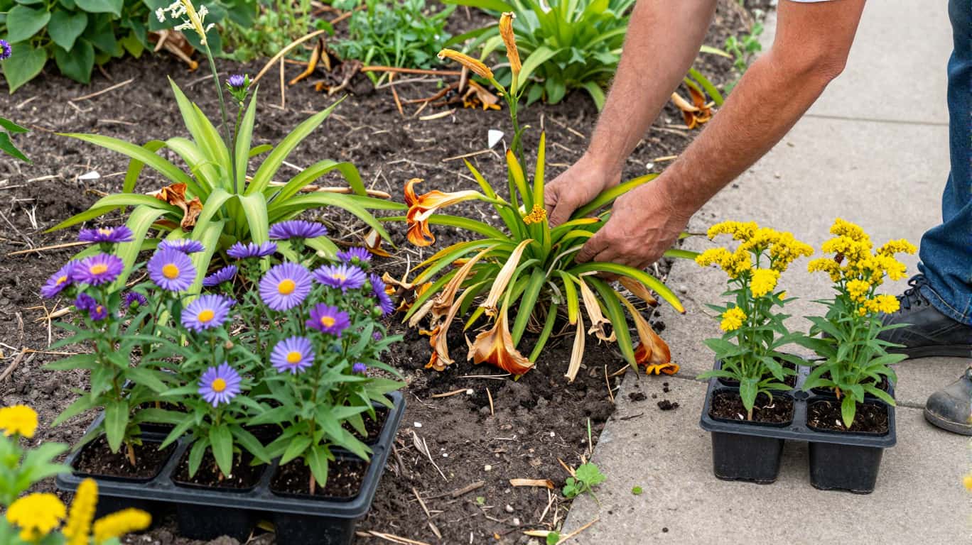 Hands clearing spent perennials in August, with asters and goldenrod ready to plant for fall color in a New England garden.