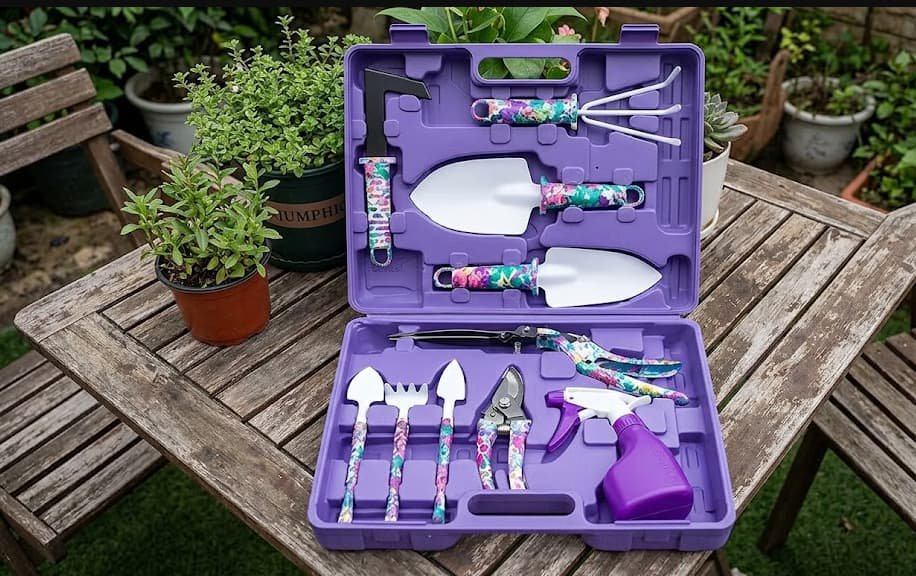 Lightweight garden tool set with case in bright purple color organized on a shelf