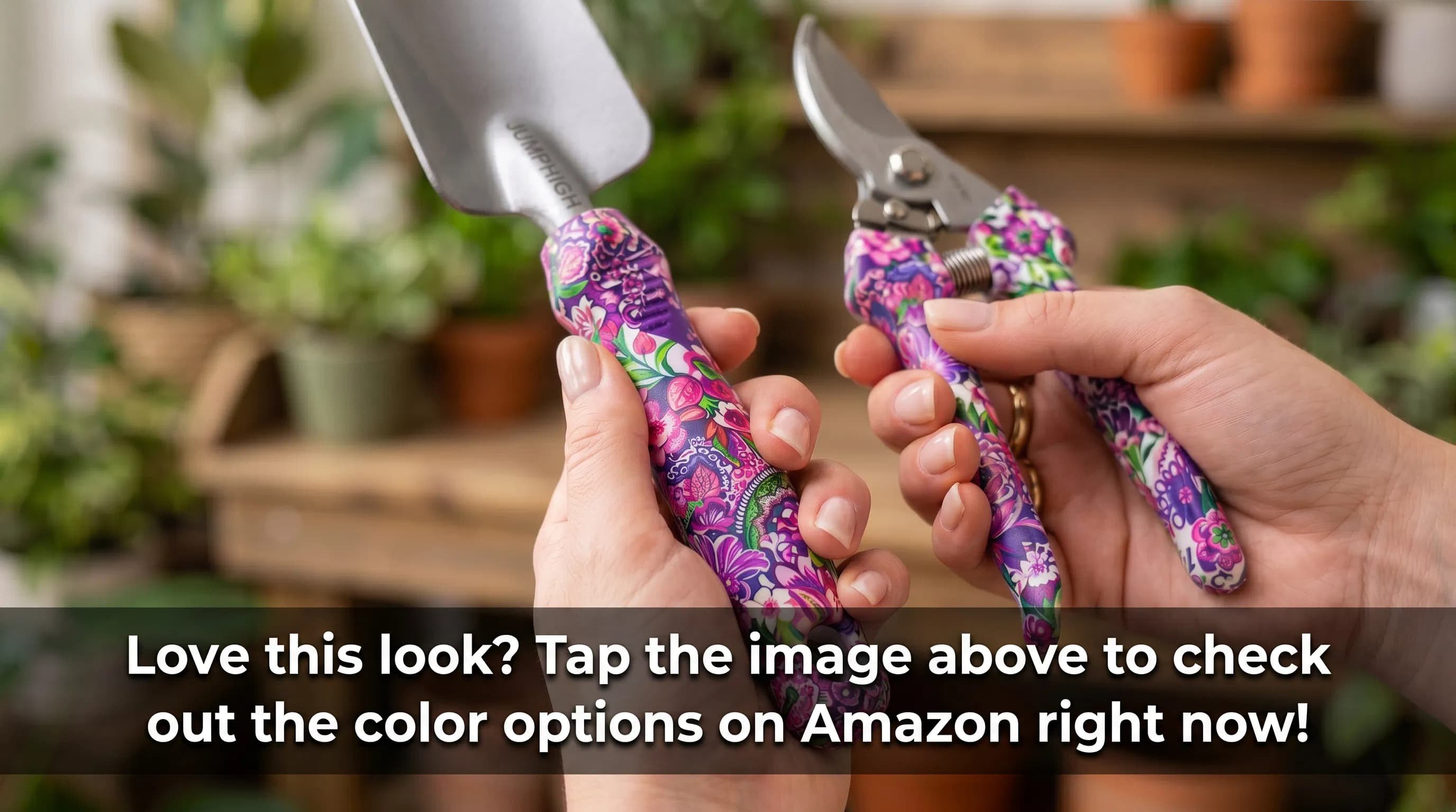 Close up of cute gardening tools for indoor plants with floral print handles