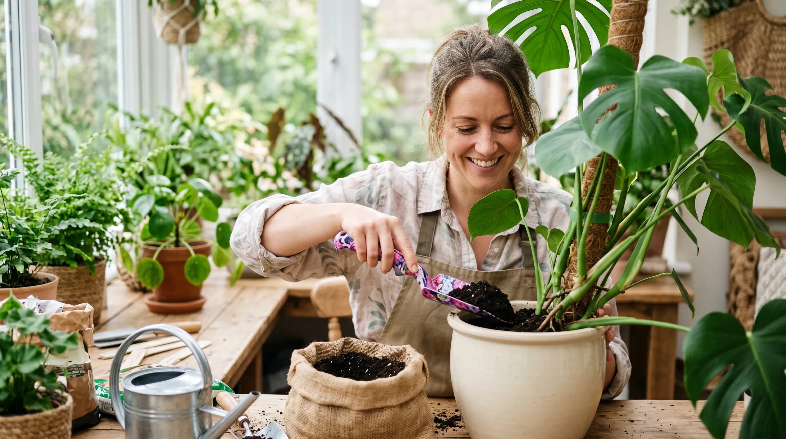 User repotting indoor plant with ergonomic garden tools trowel