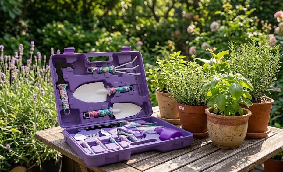Purple garden tool set styled next to plants on the best garden tools for apartment balconies blog post